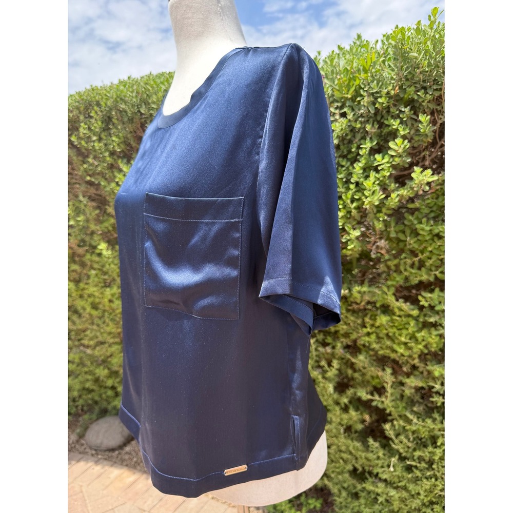 Cozy Earth Womens Navy Blue 100% Silk Satin Short‎ Sleeve Pocket Tee Top Small - Picture 3 of 10